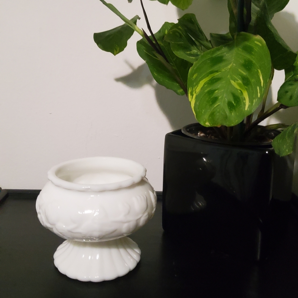 Vintage Milk Glass Pedestal Planter with Floral Embossment